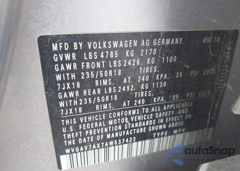 2010 Volkswagen Tiguan Sel из США, поврежденный, VIN WVGAV7AX7AW537422